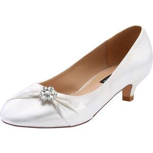 🆕Women's White Closed Toe Comfort Kitten Heels Rhinestones Satin Wedding